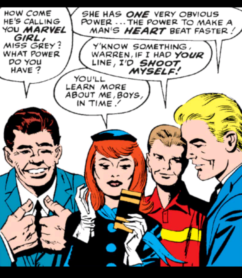 Your starting X-Men line up: Beast, Marvel Girl, Ice man, and Angel. Not pictured: Scott Summers. Originally Scott was named “Slim” Summers but this was quickly changed for whatever reason (probably because Slim isn’t a name)